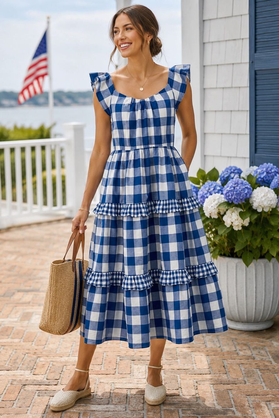 J Crew Factory Flutter Sleeve Ruffle Tiered Midi Dress Gingham Preppy PM